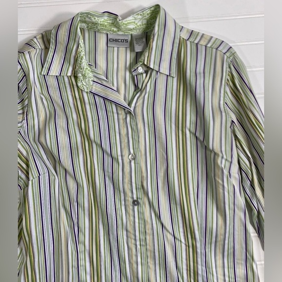 Chicos Size 1 Button Down Striped Blouse Womens Size Medium Purple White Green - Picture 3 of 13